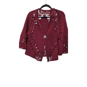 Handmade Crochet Openwork Burgundy Cardigan Heart Button Size M-L